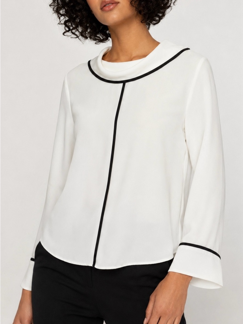 Zara Basic White Blouse XL Black Contrast Piping Sailor Collar Long Sleeve Top